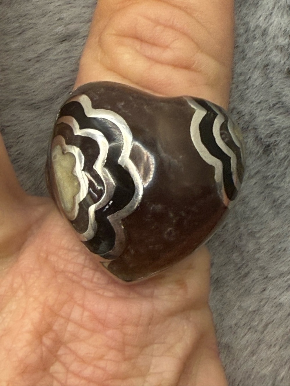 Chunky Boho Statement Ring Size 8.75 Brown Resin Silver Inlay Wide Band